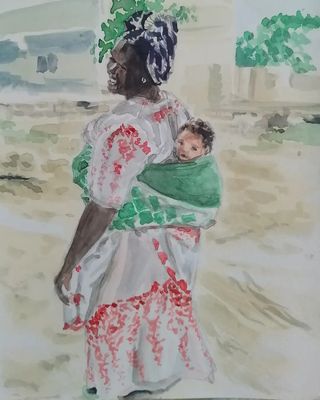 Painting of a woman carrying a child in a green wrap, by Judith Langerôme.