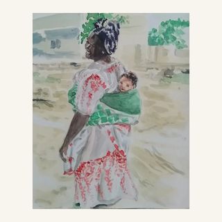 Painting by Judith Langerôme of a woman carrying a child; artwork used as the profile image, not a photograph of the artist.