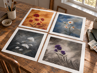 table with paintings